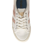 Top down view of a white and pink sneaker with white laces and blue insole.