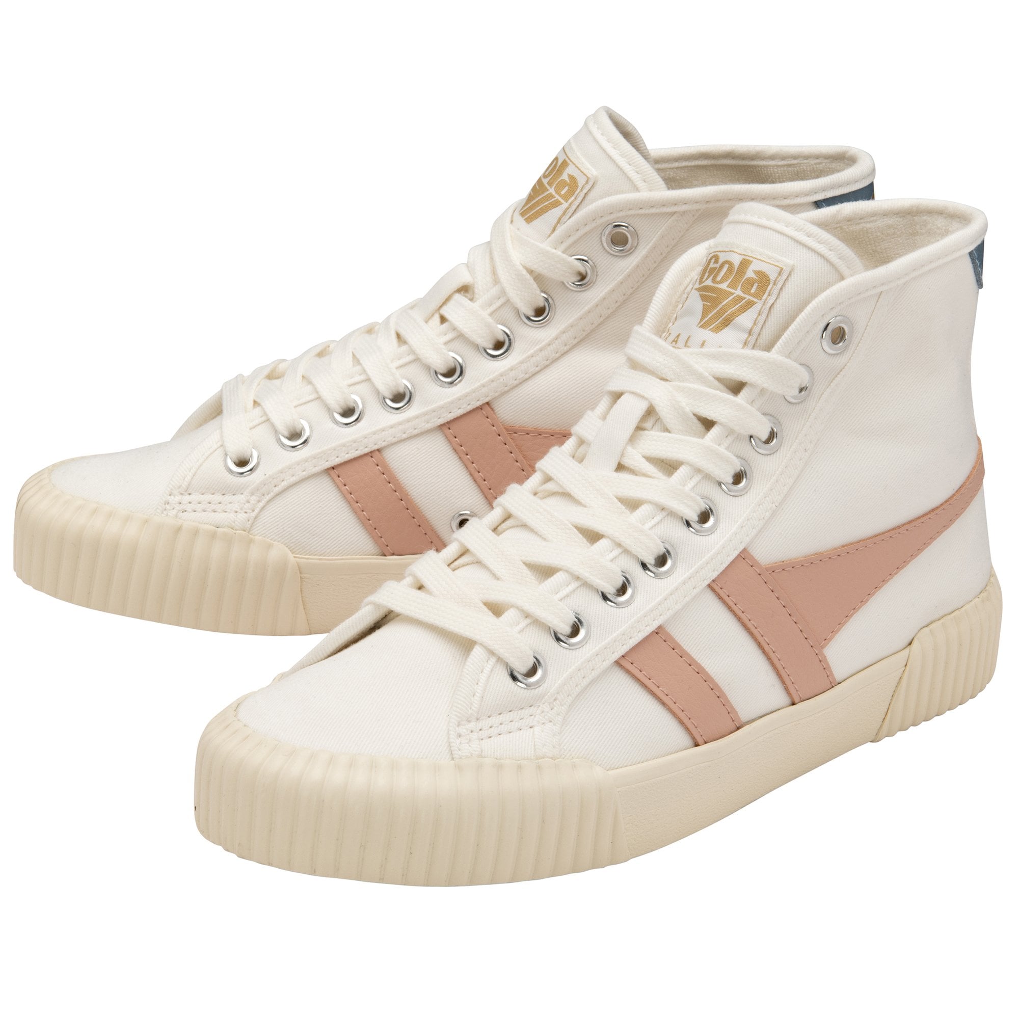 Pair of Gola women's Off White and Blush high-top canvas sneakers on display.