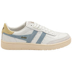 Side profile of a white Gola sneaker with blue stripes and a beige heel.