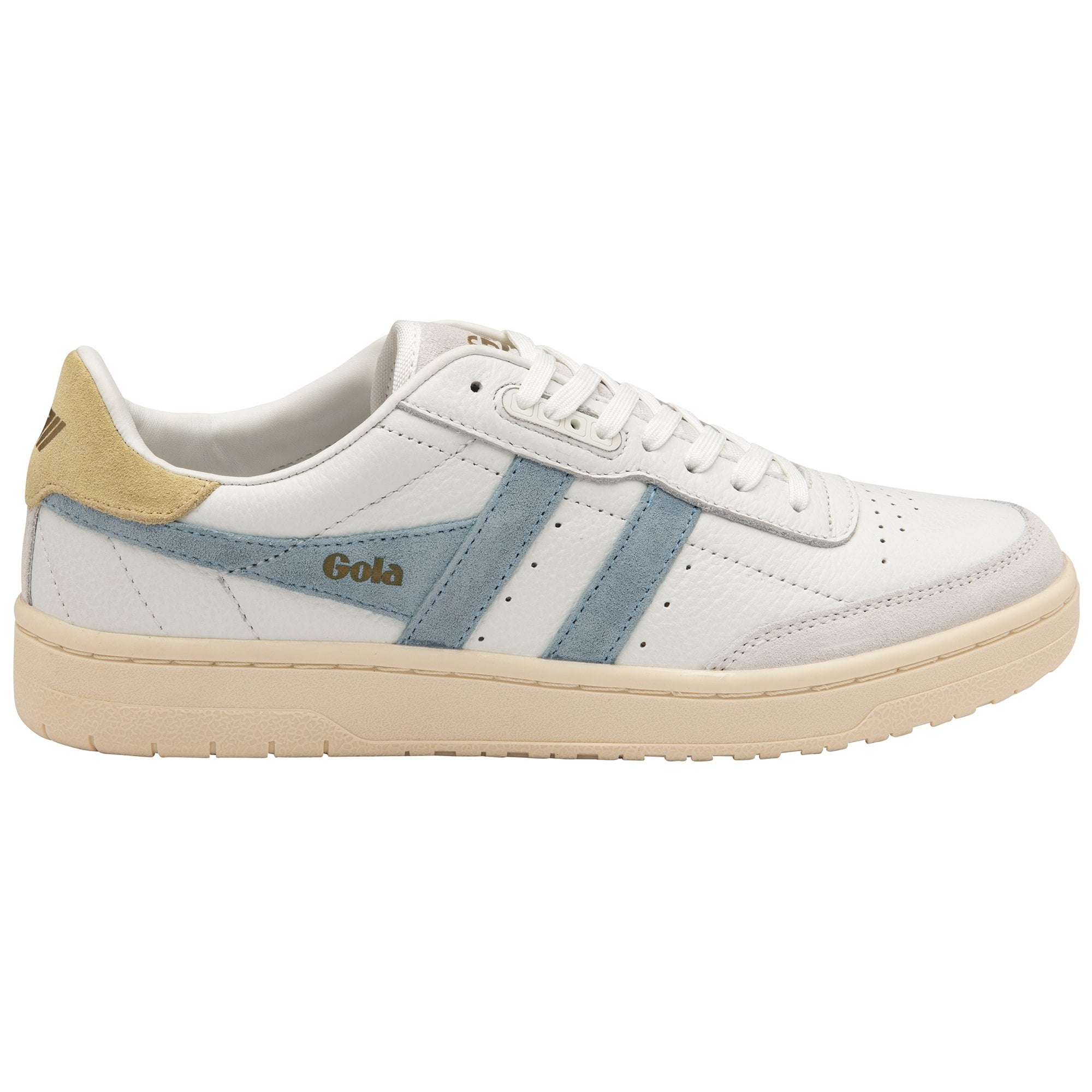Side profile of a white Gola sneaker with blue stripes and a beige heel.