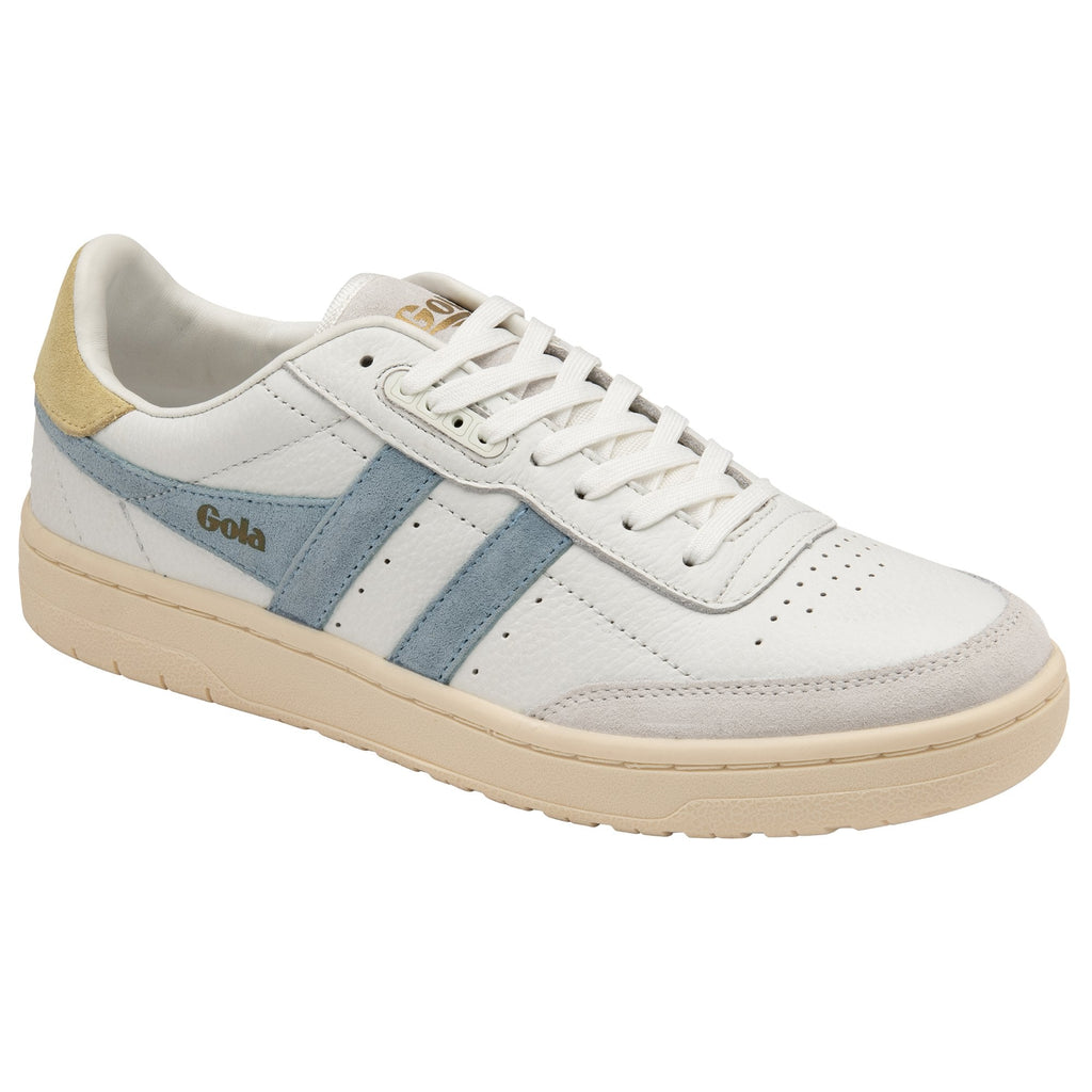 Front side profile of a white Gola sneaker with blue stripes and a beige heel.