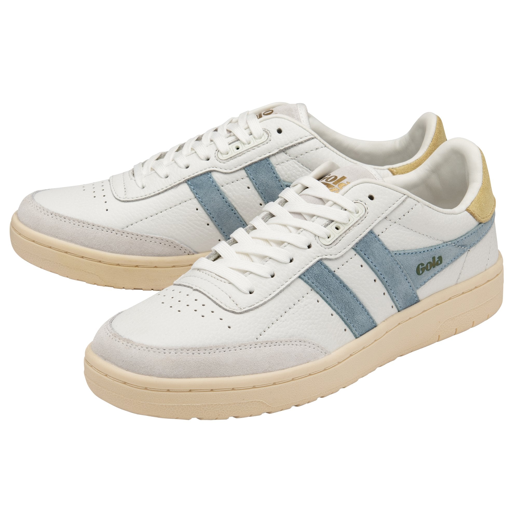 Pair of white Gola sneakers with blue stripes and beige heels.