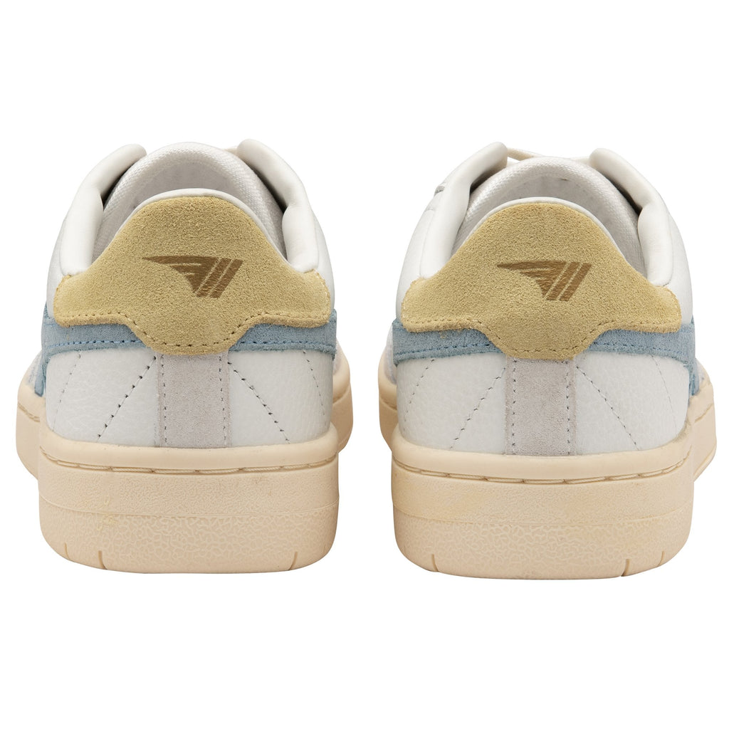 Back view of a pair of white Gola sneakers with blue and beige accents.