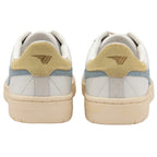 Back view of a pair of white Gola sneakers with blue and beige accents.