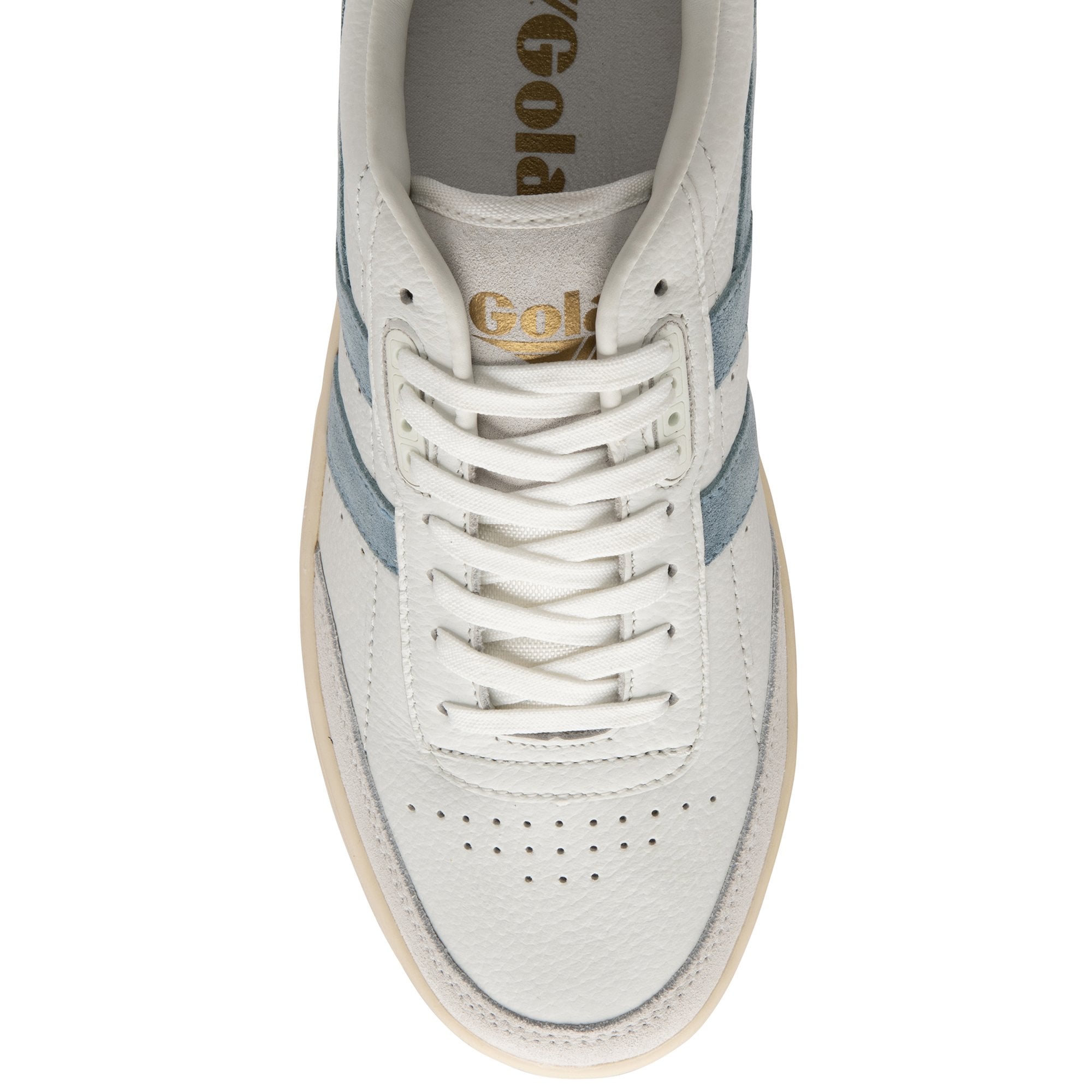 Top-down view of a white Gola sneaker with white laces and blue stripes.