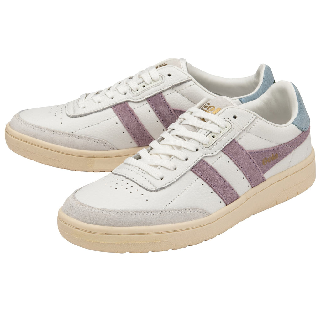 A pair of white sneakers with purple stripes and light blue heels on a white background.