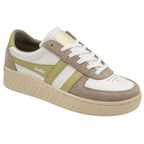 A side view of a women's Gola sneaker in off-white and gold with a neutral sole.