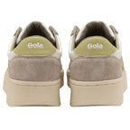 A back view of a pair of women's Gola sneakers in off-white and gold with neutral soles.