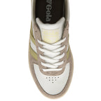 An overhead view of a women's Gola sneaker in off-white and gold with a neutral sole.
