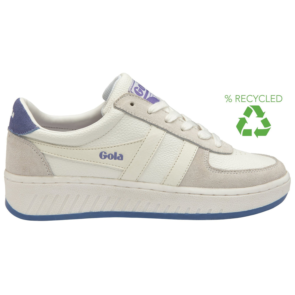 A white Gola sneaker with a purple accent and a recycling symbol next to it.