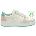 Side profile of a white Gola sneaker with light blue accents, showing a recycled logo.