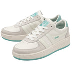 Pair of white Gola sneakers with light blue accents, angled view.