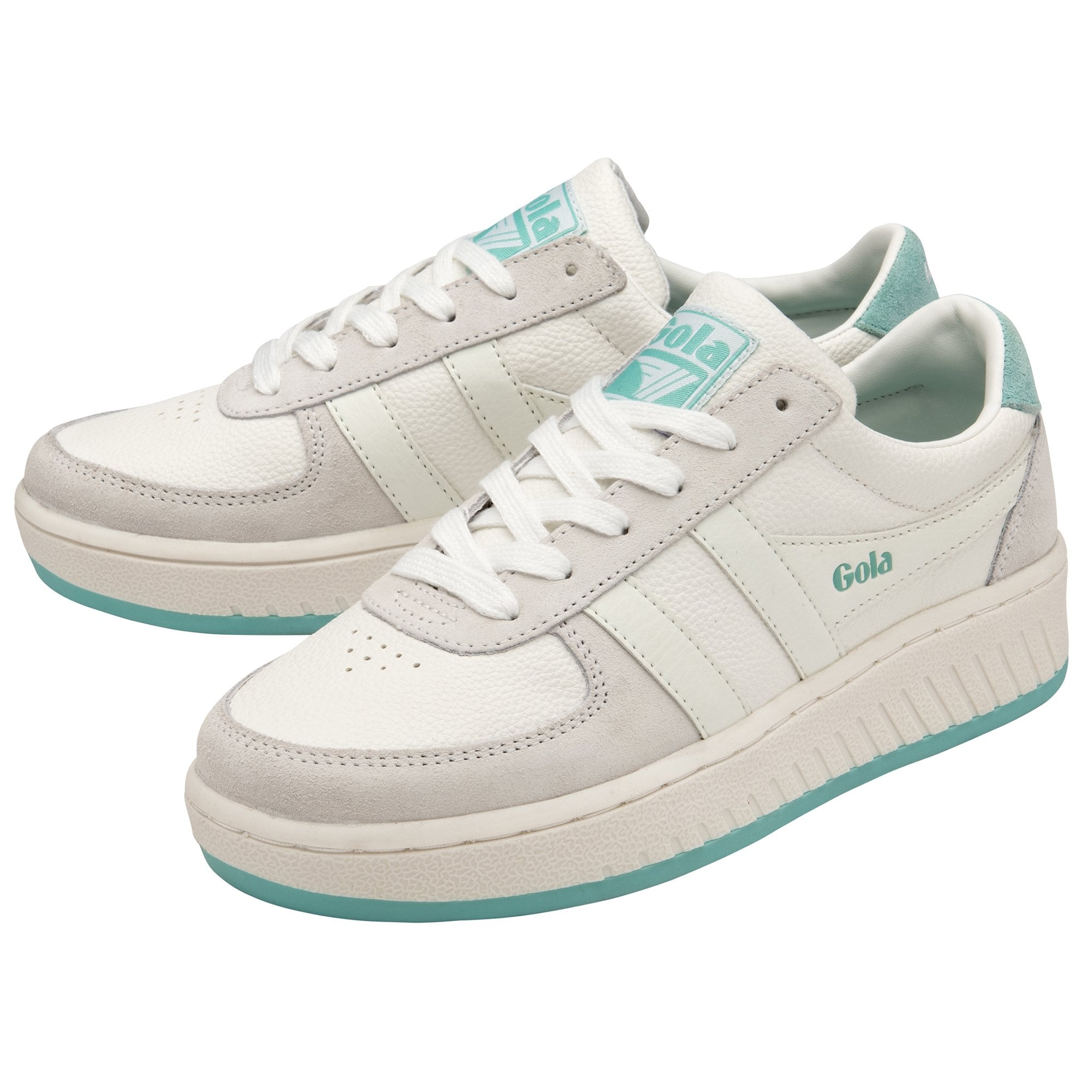 Pair of white Gola sneakers with light blue accents, angled view.