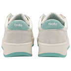 Rear view of a pair of white Gola sneakers, highlighting the light blue heel tab.