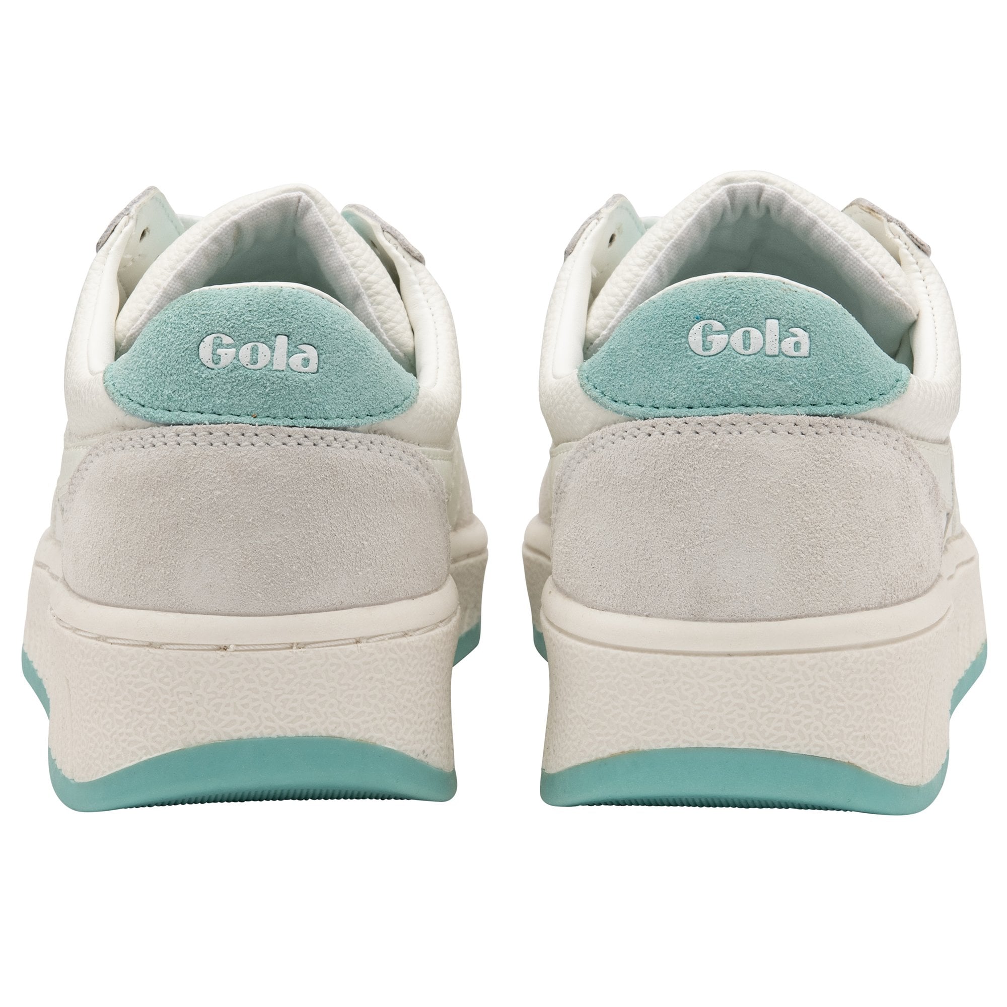 Rear view of a pair of white Gola sneakers, highlighting the light blue heel tab.