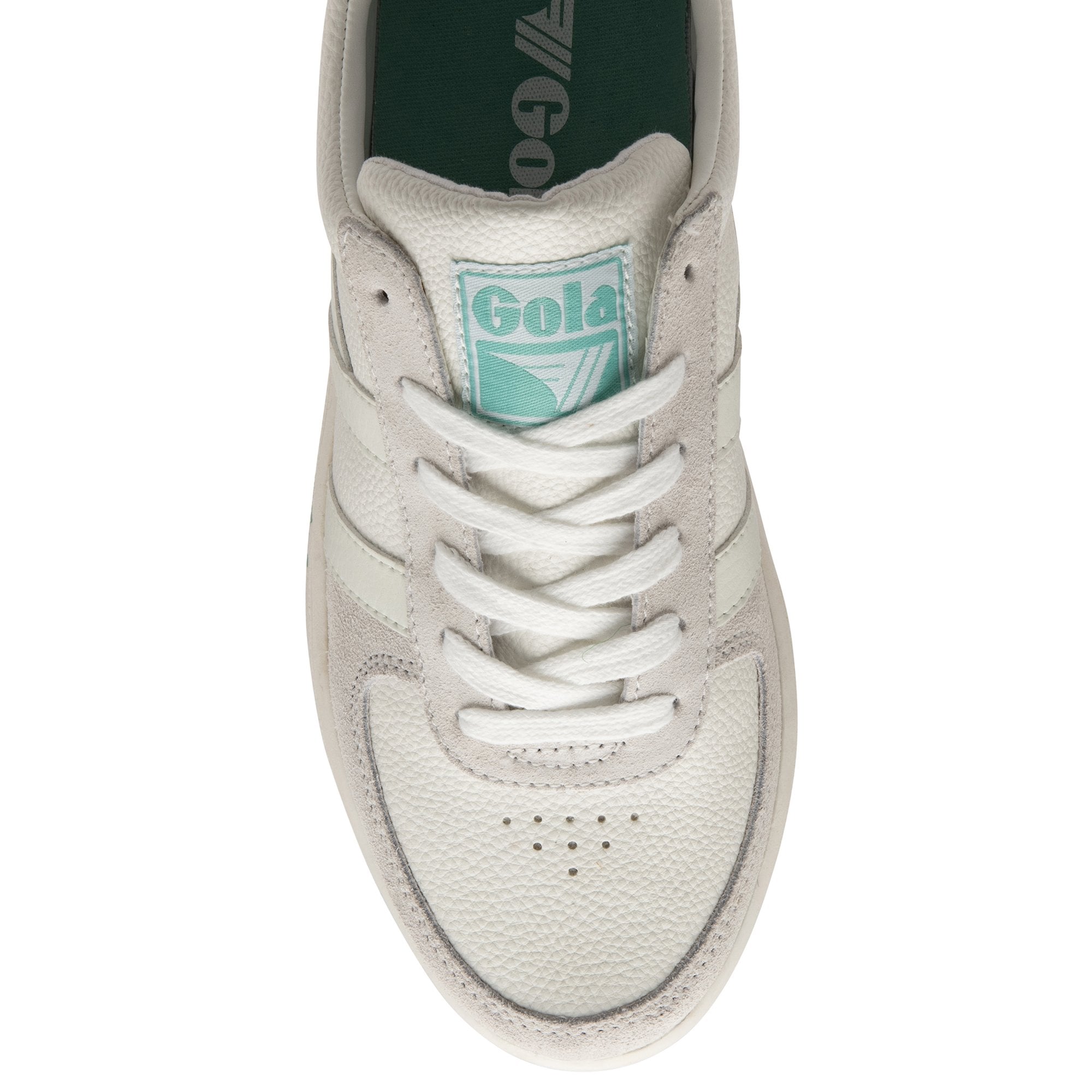 Top-down view of a single white Gola sneaker, focusing on the laces and tongue.