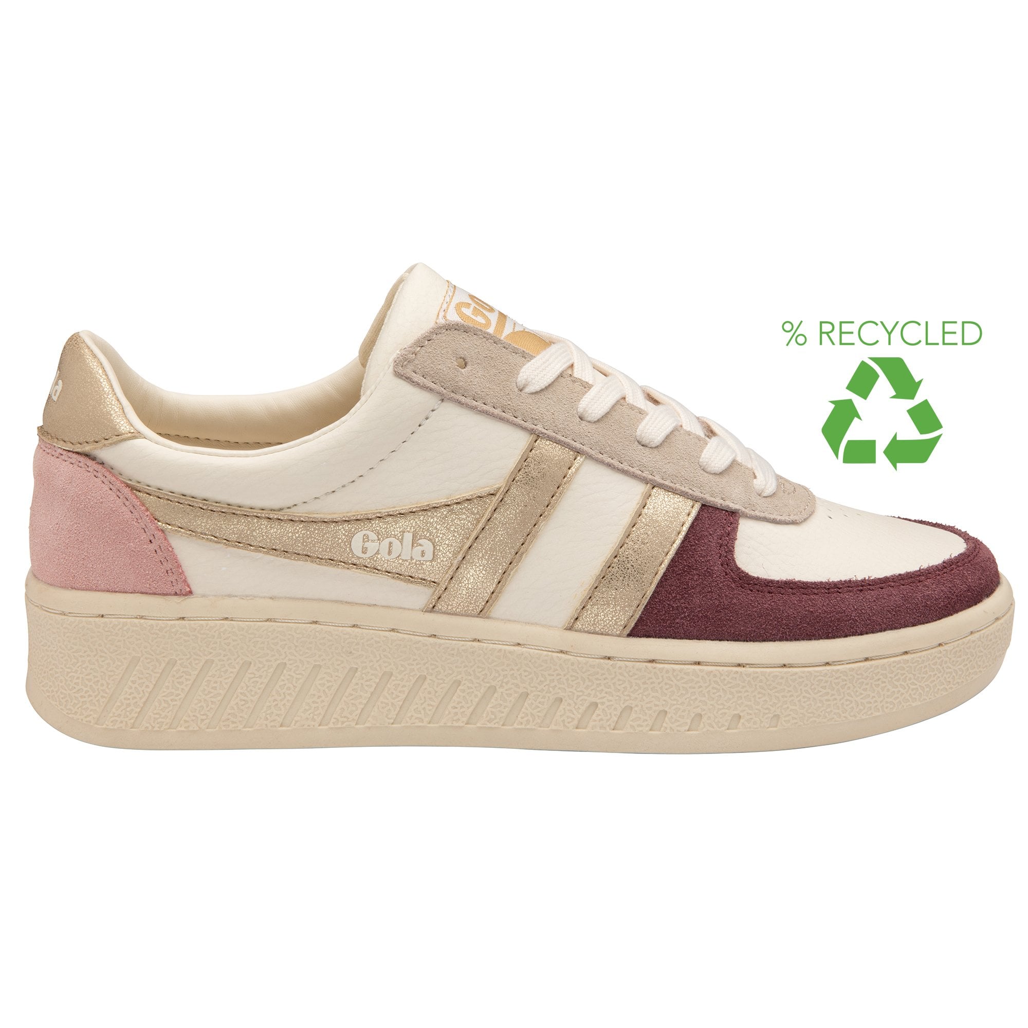A recycled women's sneaker with cream, pink, maroon, and gold details on a white background.