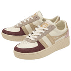 A pair of women's sneakers with cream, pink, maroon, and gold details on a white background.