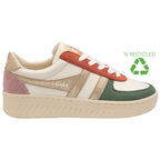 A recycled Gola women's sneaker with a beige sole, cream upper, and orange, green, and pink accents.