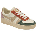 A Gola women's sneaker with a beige sole, cream upper, and orange, green, and pink accents.