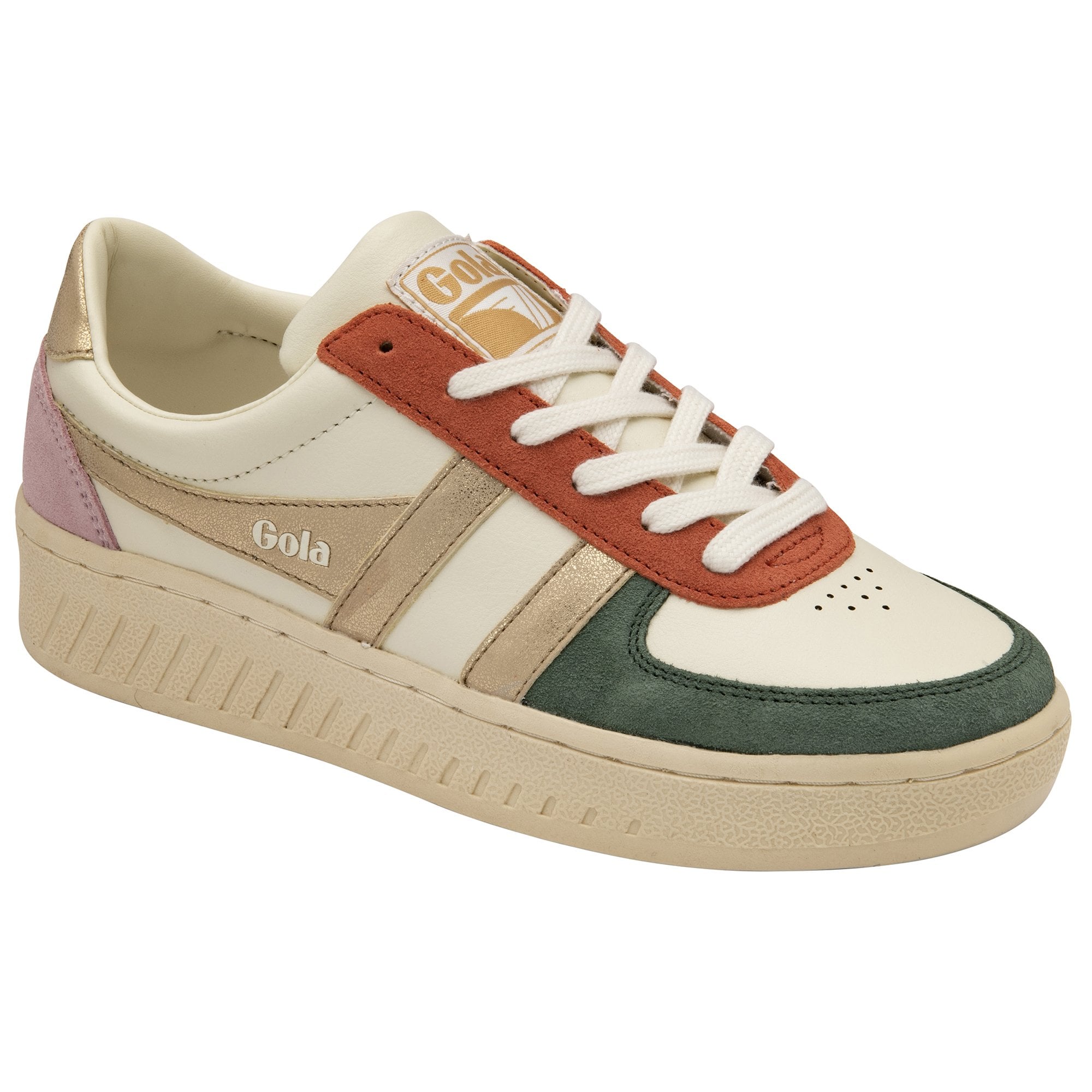 A Gola women's sneaker with a beige sole, cream upper, and orange, green, and pink accents.