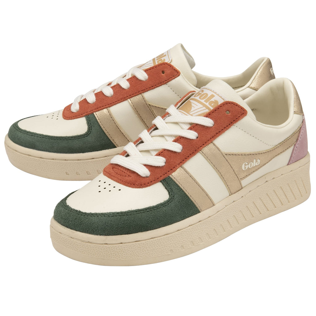 A pair of Gola women's sneakers with a beige sole, cream upper, and orange, green, and pink accents.