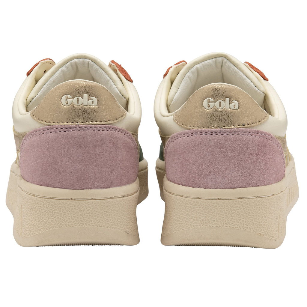 Rear view of a pair of Gola women's sneakers with a beige sole, cream upper, and pink accents.