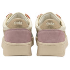 Rear view of a pair of Gola women's sneakers with a beige sole, cream upper, and pink accents.