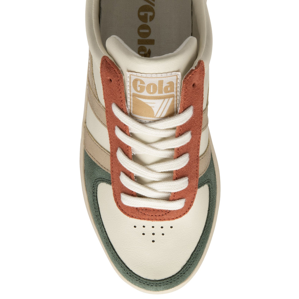 Top-down view of a Gola women's sneaker with cream upper, orange and green toe, and cream laces.