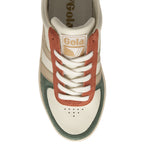 Top-down view of a Gola women's sneaker with cream upper, orange and green toe, and cream laces.