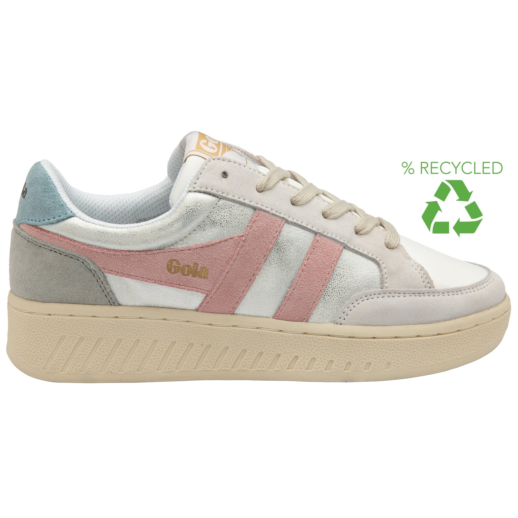 A white Gola women's sneaker with pink stripes and a recycled symbol.