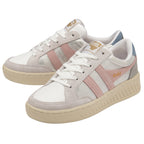 A pair of white Gola women's sneakers with pink stripes, angled view.