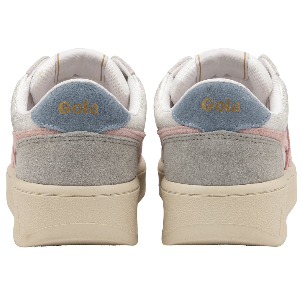 The back of two white Gola women's sneakers with pink stripes and blue accents.