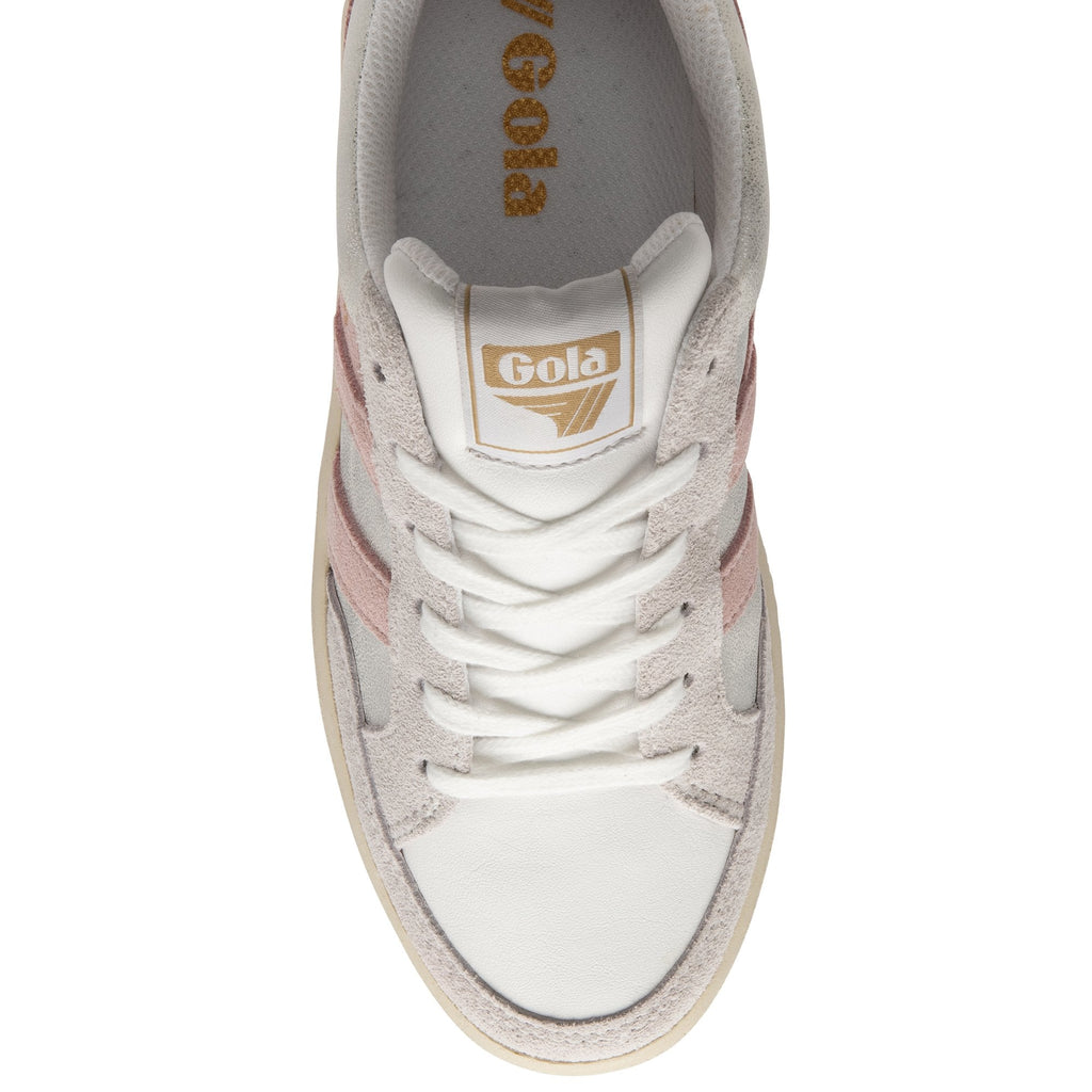 A top-down view of a white Gola women's sneaker with pink stripes.