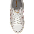 A top-down view of a white Gola women's sneaker with pink stripes.