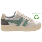 A recycled women's sneaker with white, cream, tan, and green colors.