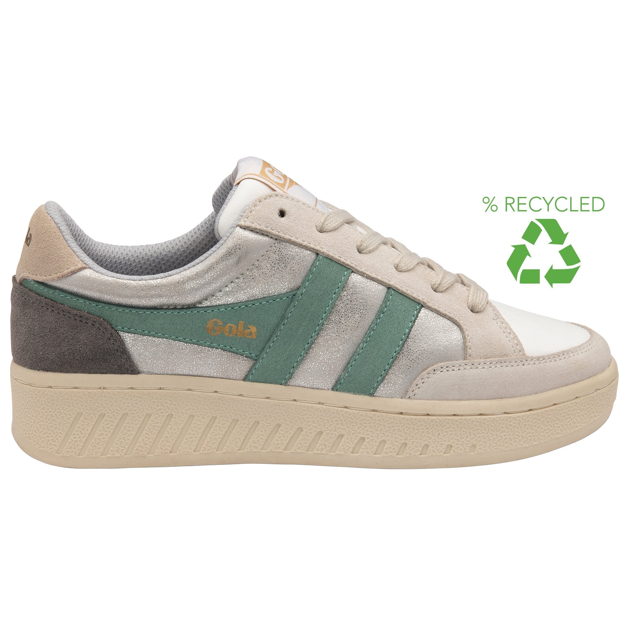 A recycled women's sneaker with white, cream, tan, and green colors.