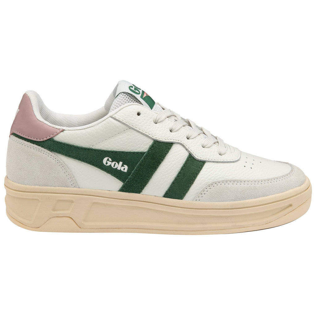 A right white sneaker with green stripes and a pink heel tab.