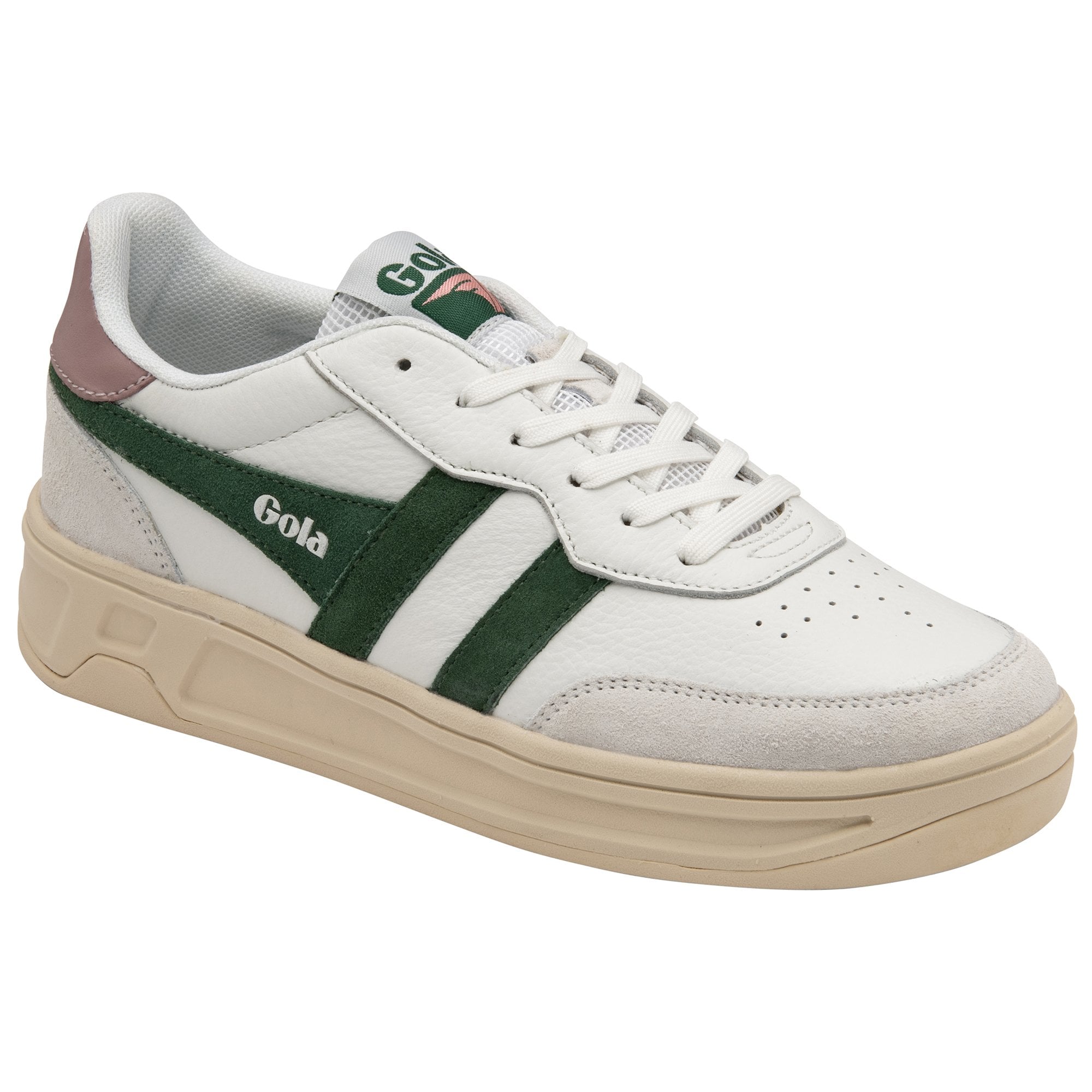 A left white sneaker with green stripes and a pink heel tab.