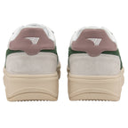 The back of a pair of white, green, and pink sneakers.
