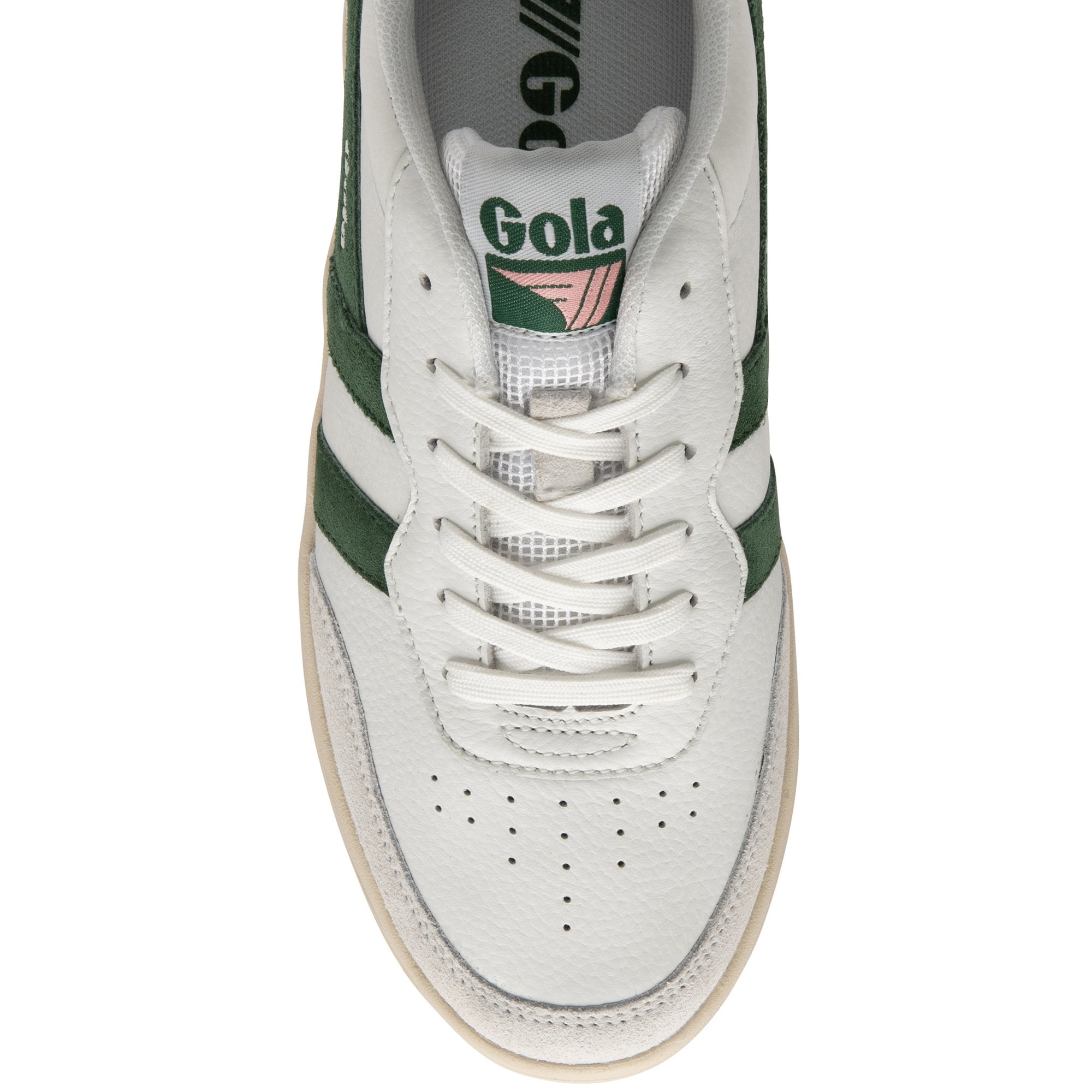The top-down view of a white sneaker with green stripes and pink detailing.