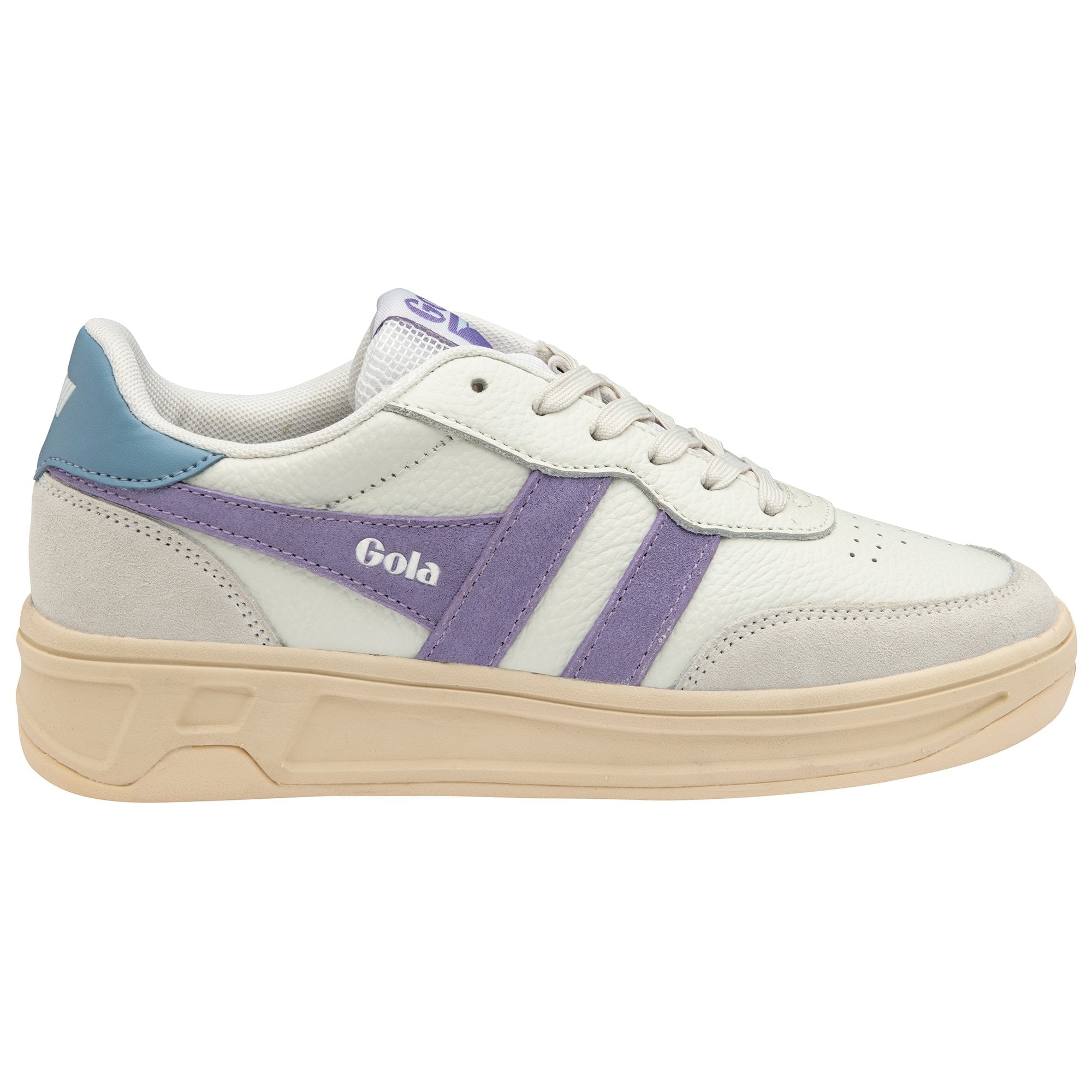 Side view of a Gola Elan trainer in off-white with purple and blue accents.