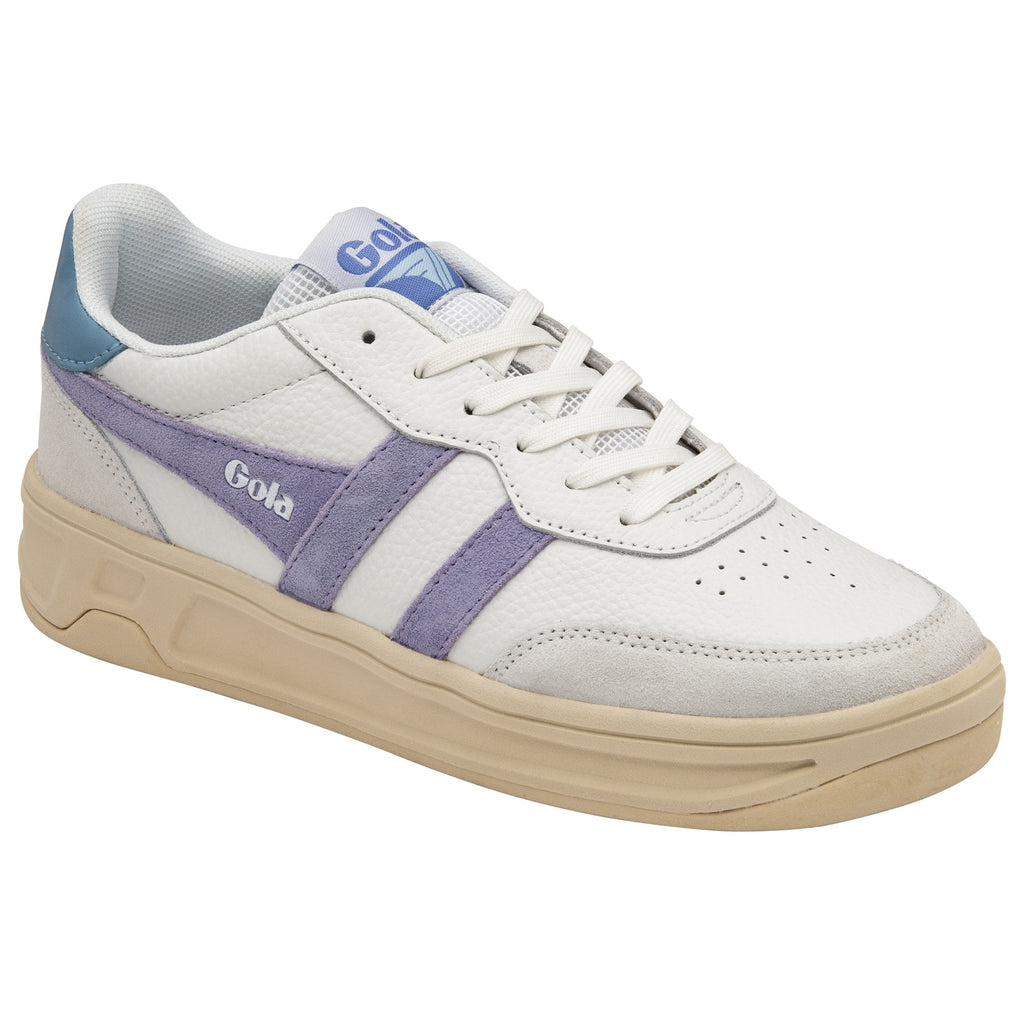 Angled view of a Gola Elan trainer in off-white with purple and blue accents.