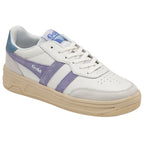 Angled view of a Gola Elan trainer in off-white with purple and blue accents.