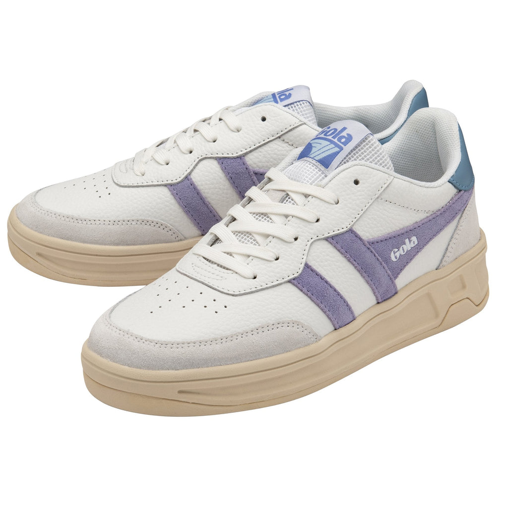 Pair of Gola Elan trainers in off-white with purple and blue accents.