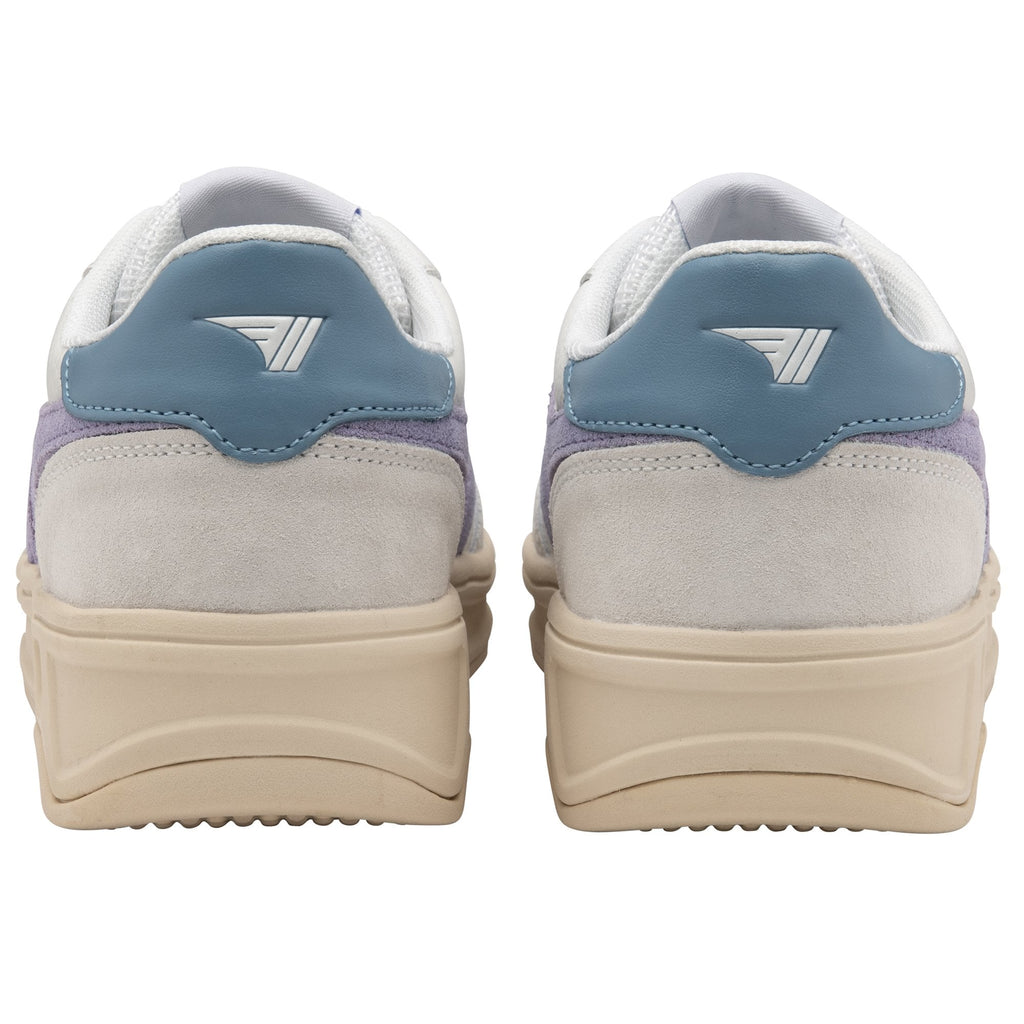 Rear view of a pair of Gola Elan trainers with blue heel accents.