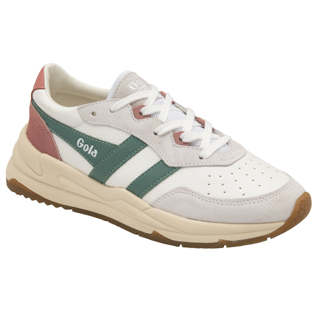 A recycled Gola sneaker with cream, green, and pink accents, viewed from the side.