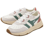 A pair of recycled Gola sneakers with cream, green, and pink accents, viewed from an angle.