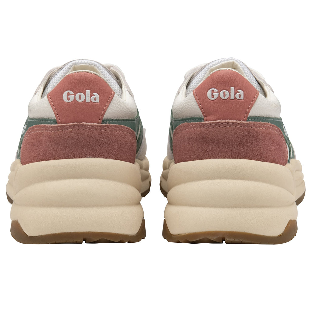 The back view of a pair of recycled Gola sneakers with cream, green, and pink accents.