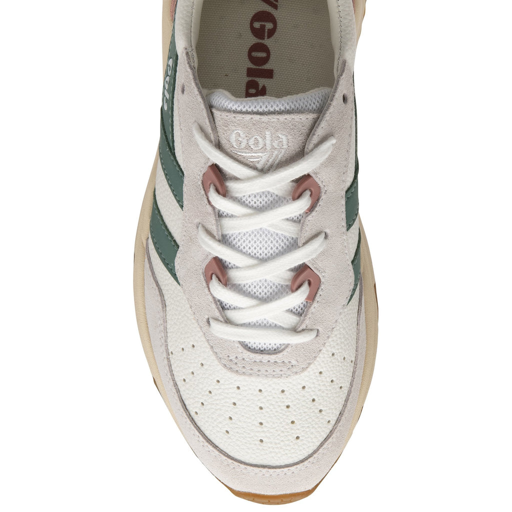 The top-down view of a recycled Gola sneaker with cream, green, and pink accents.